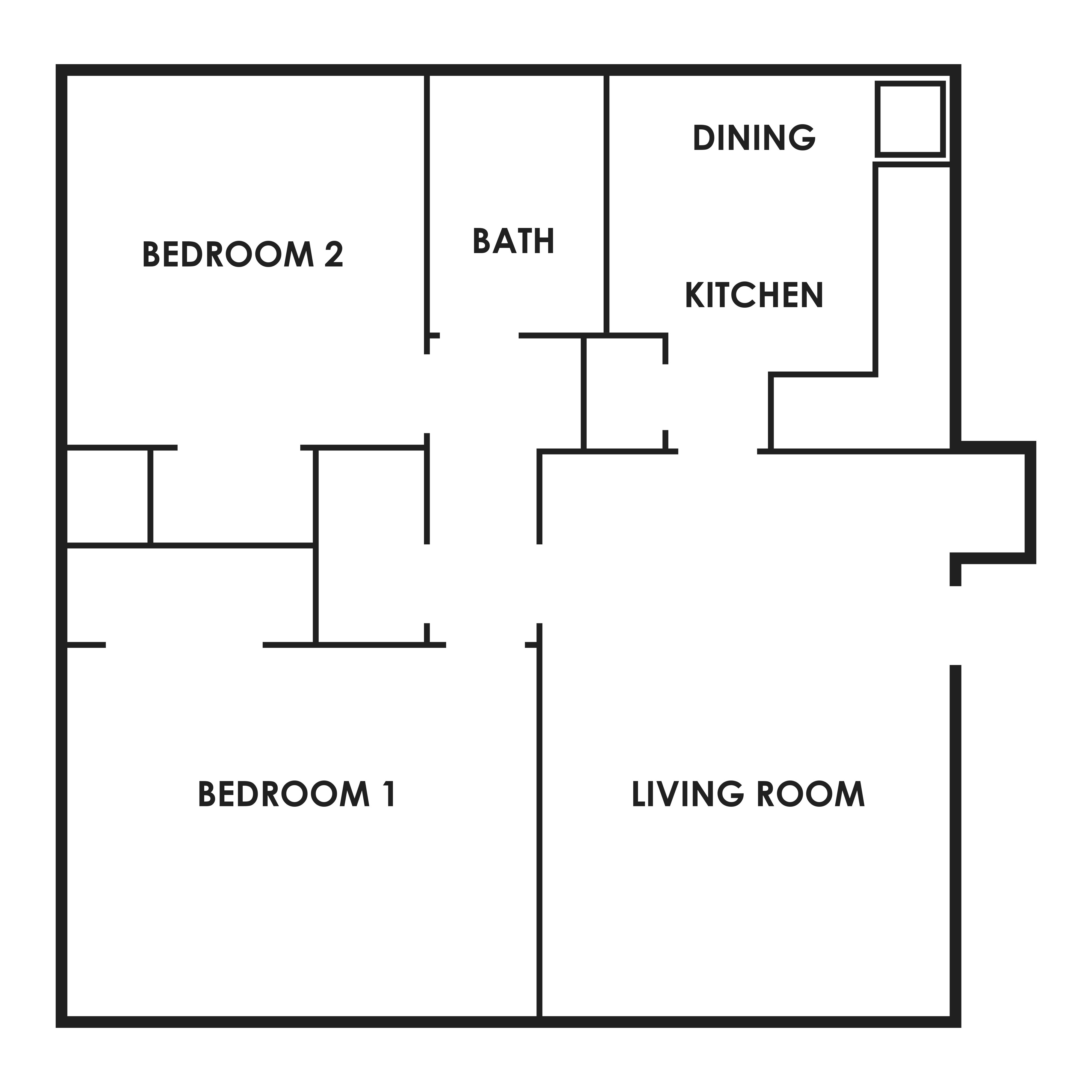 Floor plan for 2 beds, 1 bath, 850 sqft